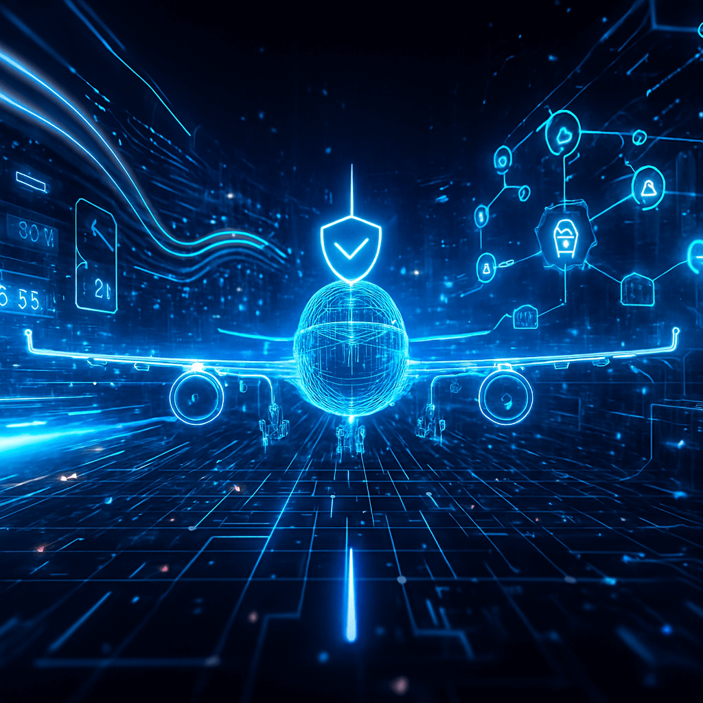 Immersive futuristic aviation scene with digital overlays symbolizing trusted traceability and safety